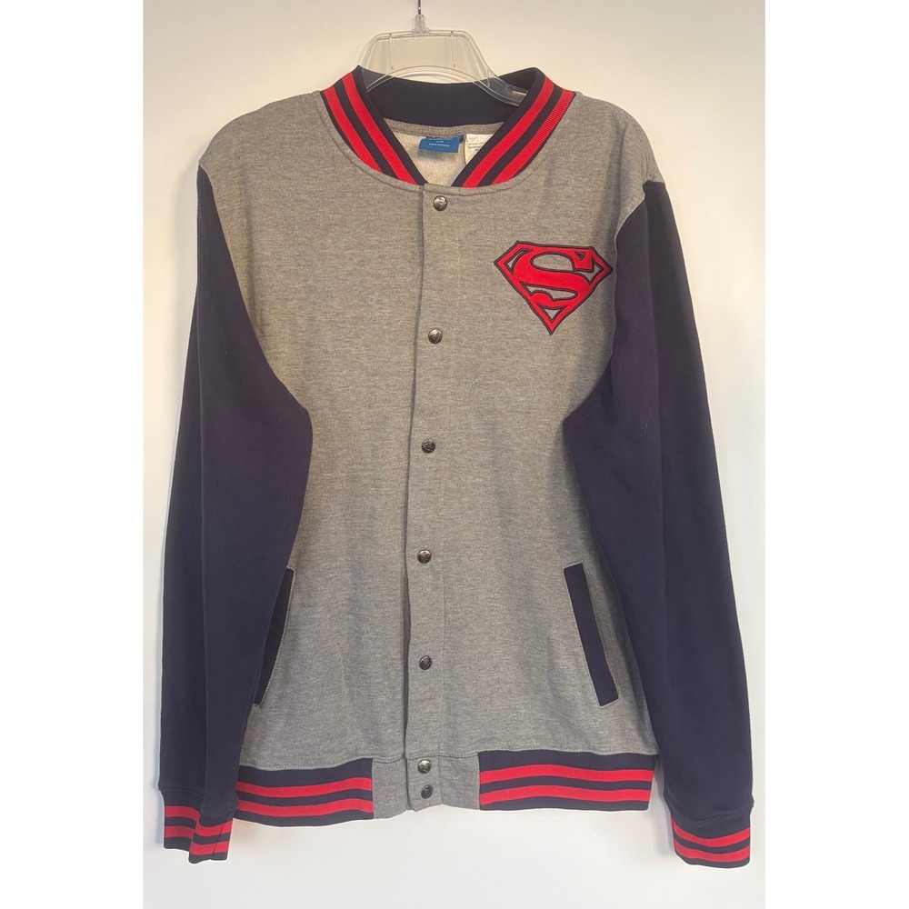 Superman Varsity Jacket Gray Black Snap Front Logo Mens Large DC Comics Fleece L